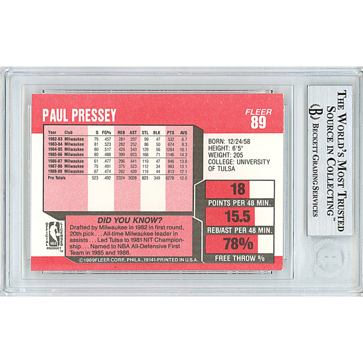 Paul Pressey Signed Milwaukee Bucks 1989-90 Fleer Basketball Card Beckett Auth Auto Slab