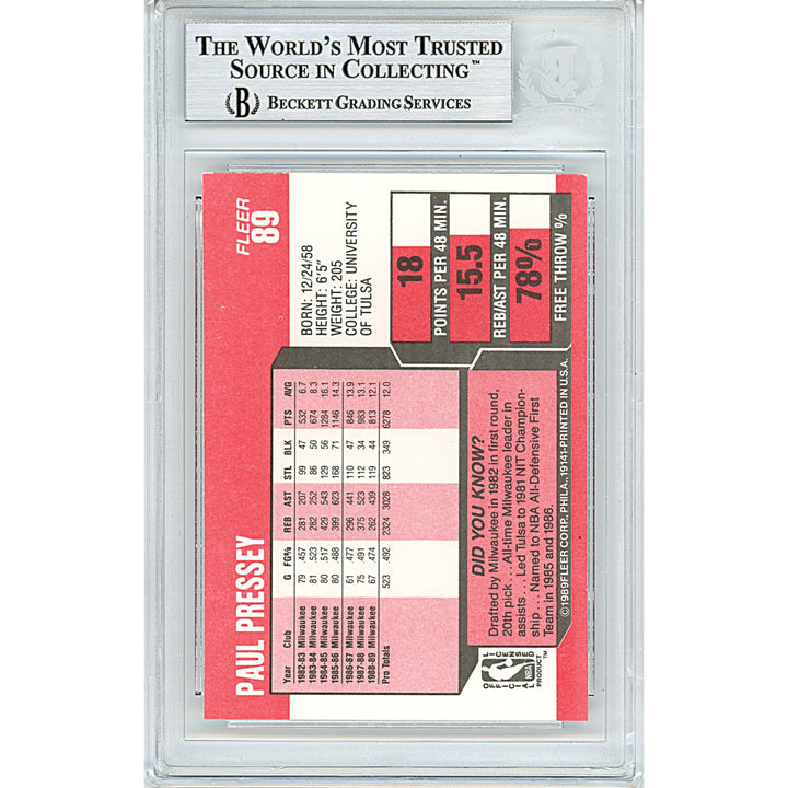 Paul Pressey Signed Milwaukee Bucks 1989-90 Fleer Basketball Card Beckett Auth Auto Slab