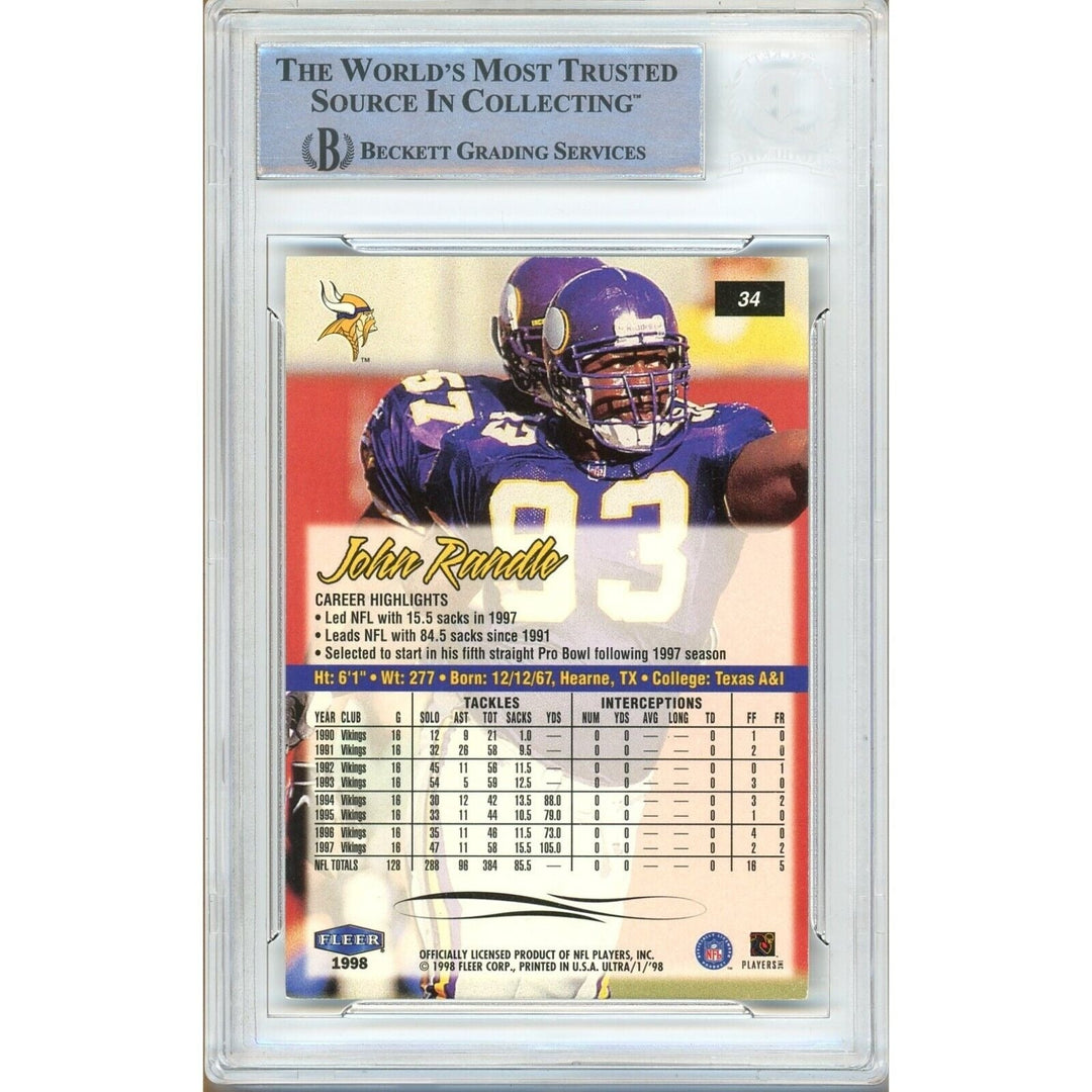John Randle Minnesota Vikings Signed 1998 Fleer Ultra Football Card Beckett Auth Auto Slab