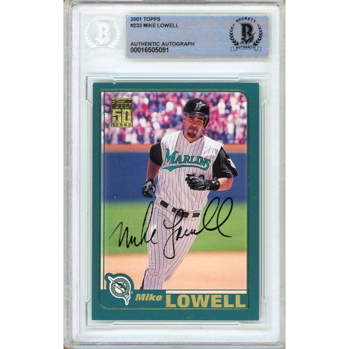 Mike Lowell Florida Marlins Signed 2001 Topps Baseball Card Beckett Authentic Auto Slab