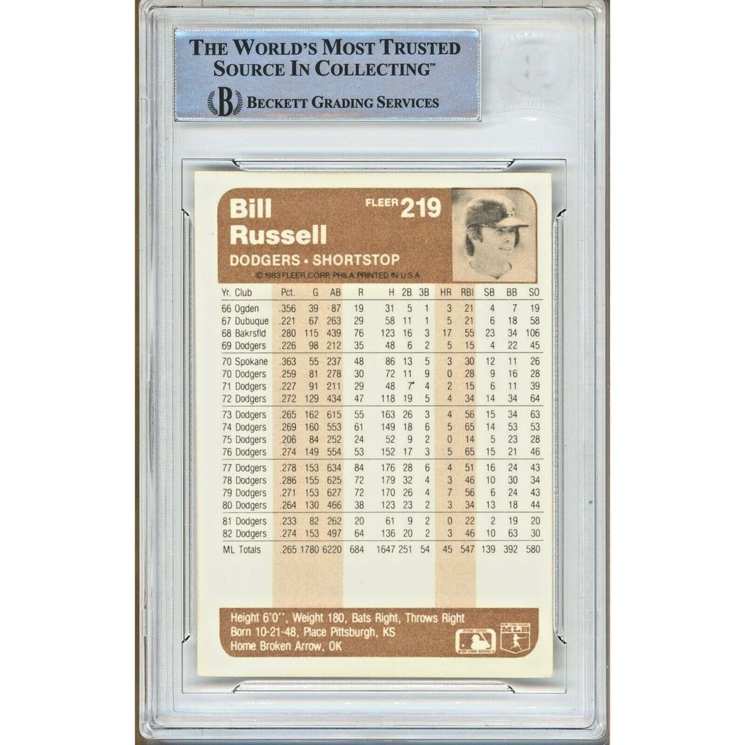 Bill Russell Los Angeles Dodgers Signed 1983 Fleer Baseball Card Beckett Auth Auto Slab