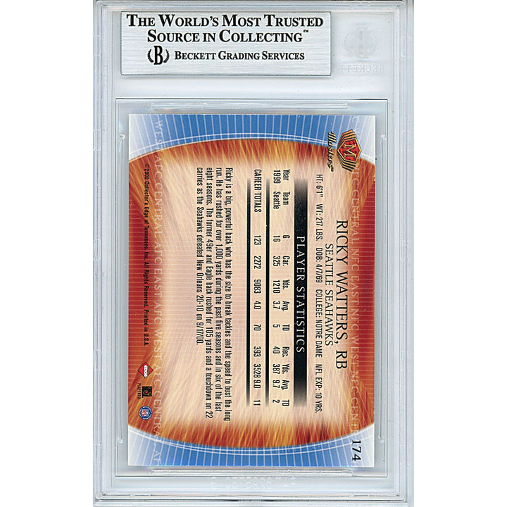 Ricky Watters Signed Seattle Seahawks 2000 Collectors Edge Masters Football Card Beckett Slab