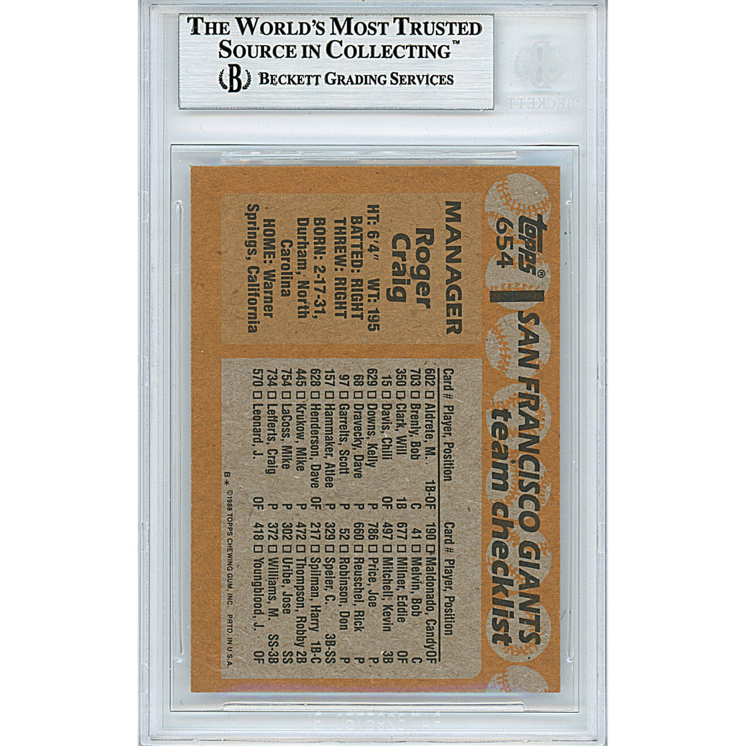 Roger Craig Signed San Francisco Giants 1988 Topps Baseball Card Beckett Auth Auto Slab