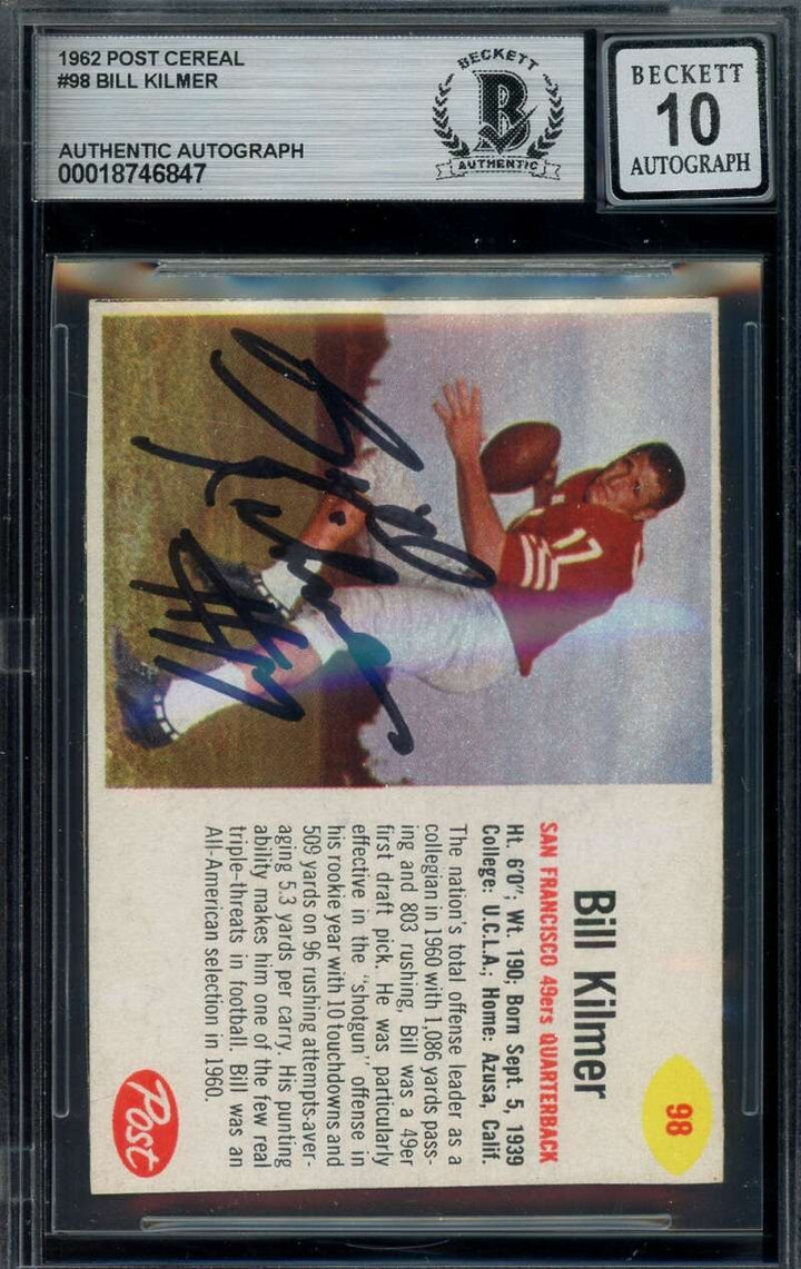 Bill Kilmer Gem Mint 10 Beckett BAS Signed 1962 Post Cereal Rookie Autograph