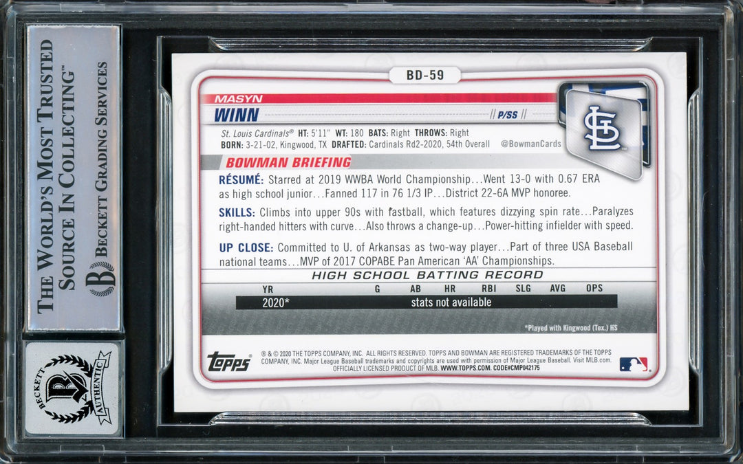 Masyn Winn Auto 2020 Bowman Draft RC BD-59 Cardinals Full Name Auto 10 BAS