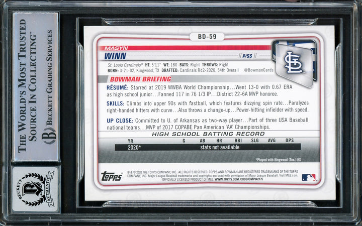 Masyn Winn Auto 2020 Bowman Draft RC BD-59 Cardinals Full Name Auto 10 BAS
