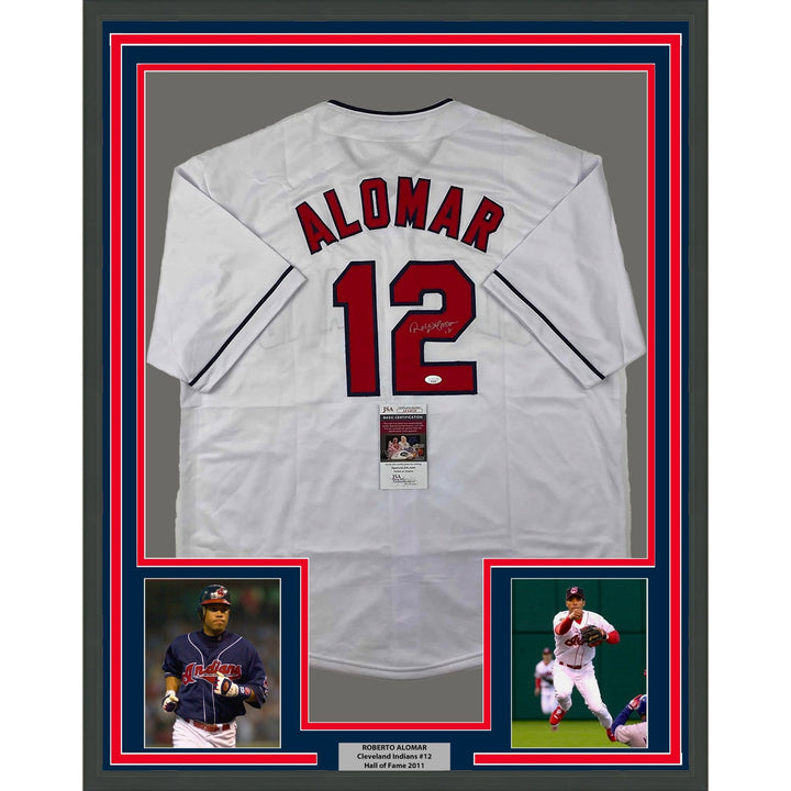 Framed Signed Roberto Alomar 35x39 Cleveland White Jersey JSA COA