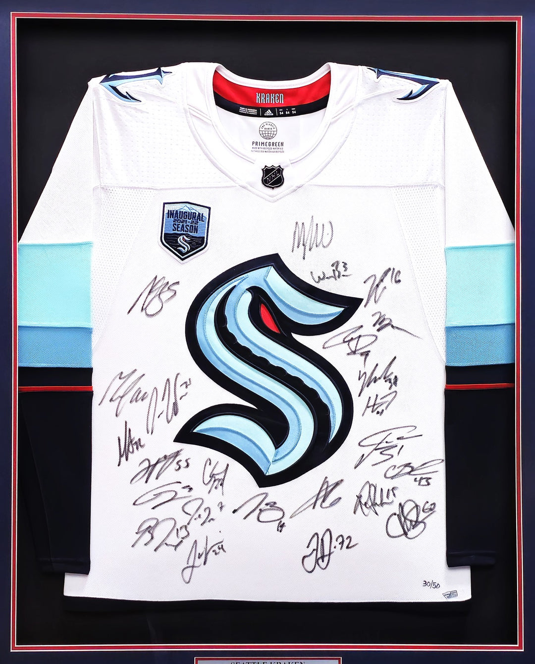Kraken 2021-22 Inaugural Signed Framed White Adidas Jersey 24 Sigs Fanatics Holo