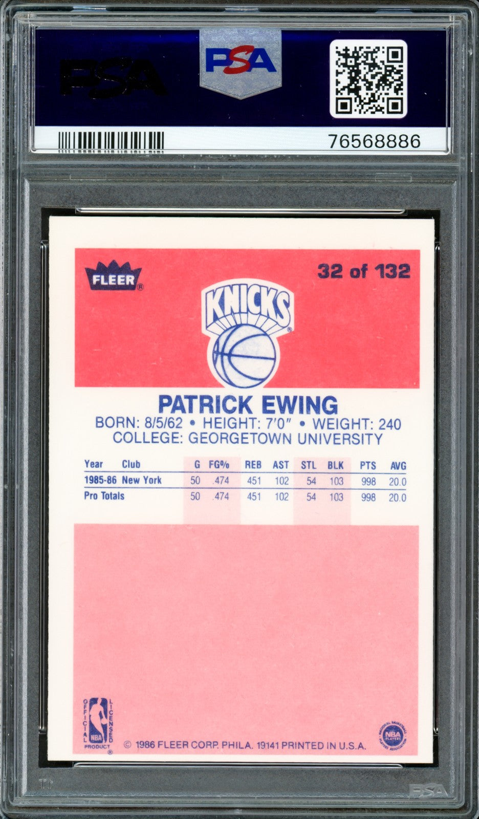Patrick Ewing Signed 1986-87 Fleer RC #32 New York Knicks PSA6 Auto 10 PSA/DNA