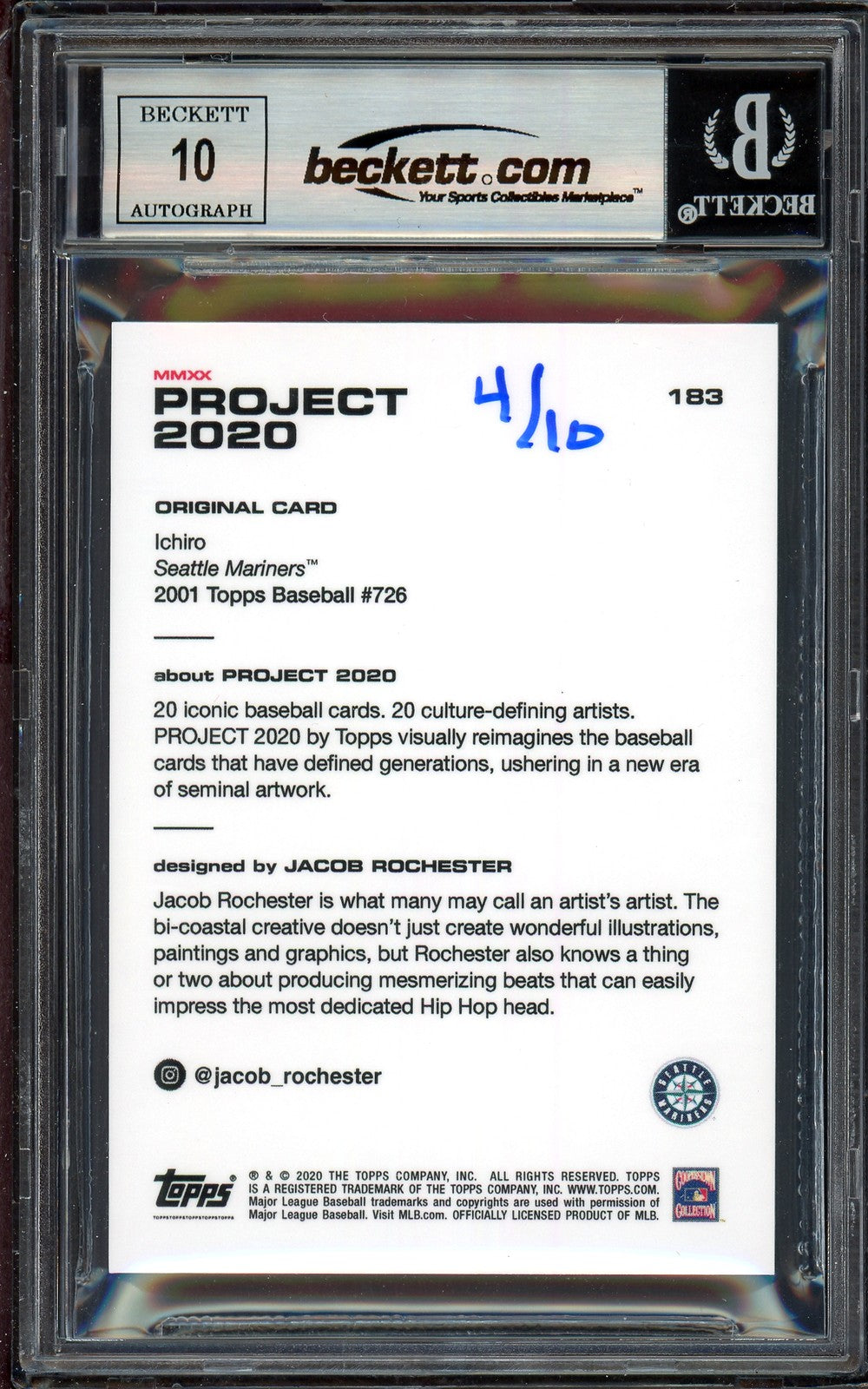 Ichiro Suzuki Auto Topps Project 2020 Jacob Rochester Card 183 Sig 10 /10 BAS