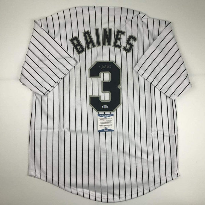 Autographed/Signed HAROLD BAINES Chicago Pinstripe Jersey Beckett COA