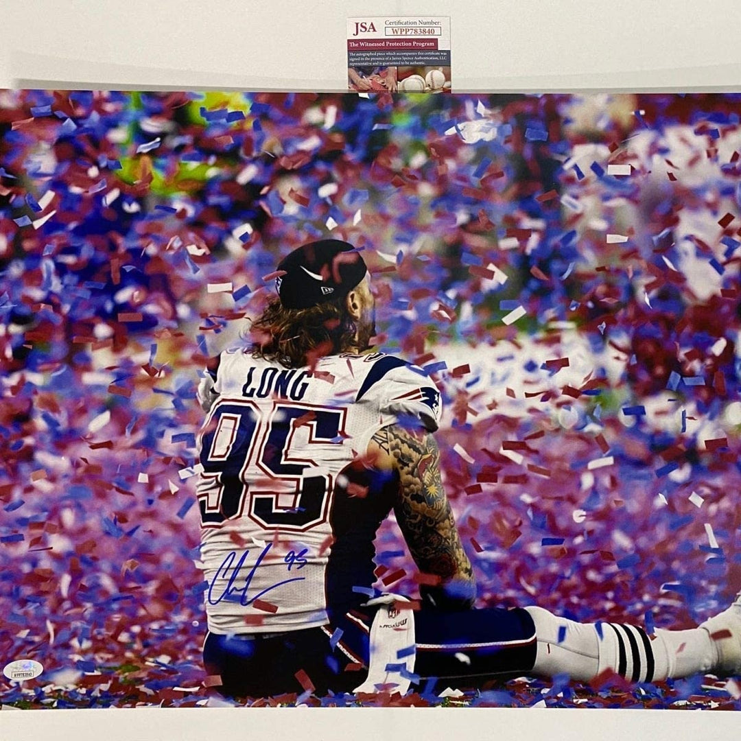 Autographed/Signed CHRIS LONG Patriots SB LI 16x20 Photo JSA COA
