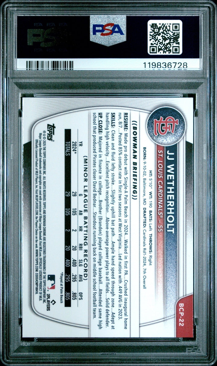 Graded 2025 Bowman JJ Wetherholt #BCP22 Chrome Prospects RC Card PSA 10