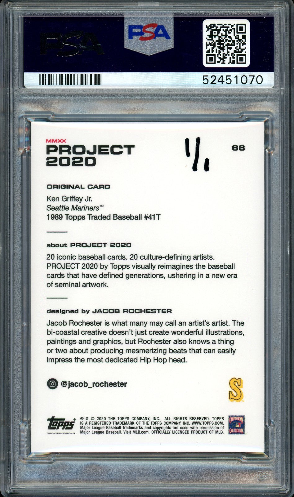 Ken Griffey Jr Auto Topps Project 2020 Jacob Rochester Card 66 HOF 16 1/1 PSADNA