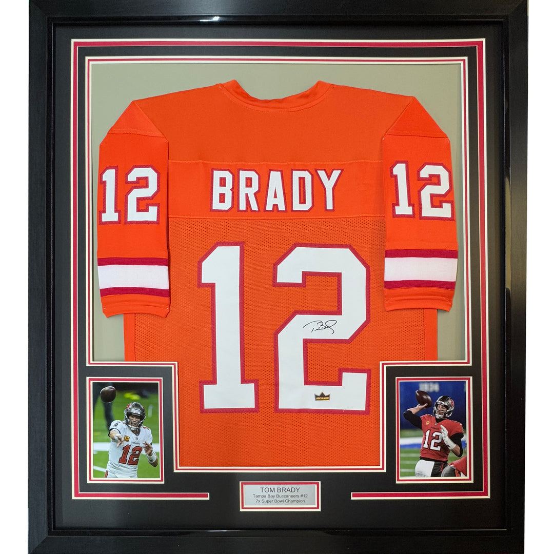Framed Facsimile Autographed Tom Brady 33x42 Tampa Orange Throwback Laser Jersey