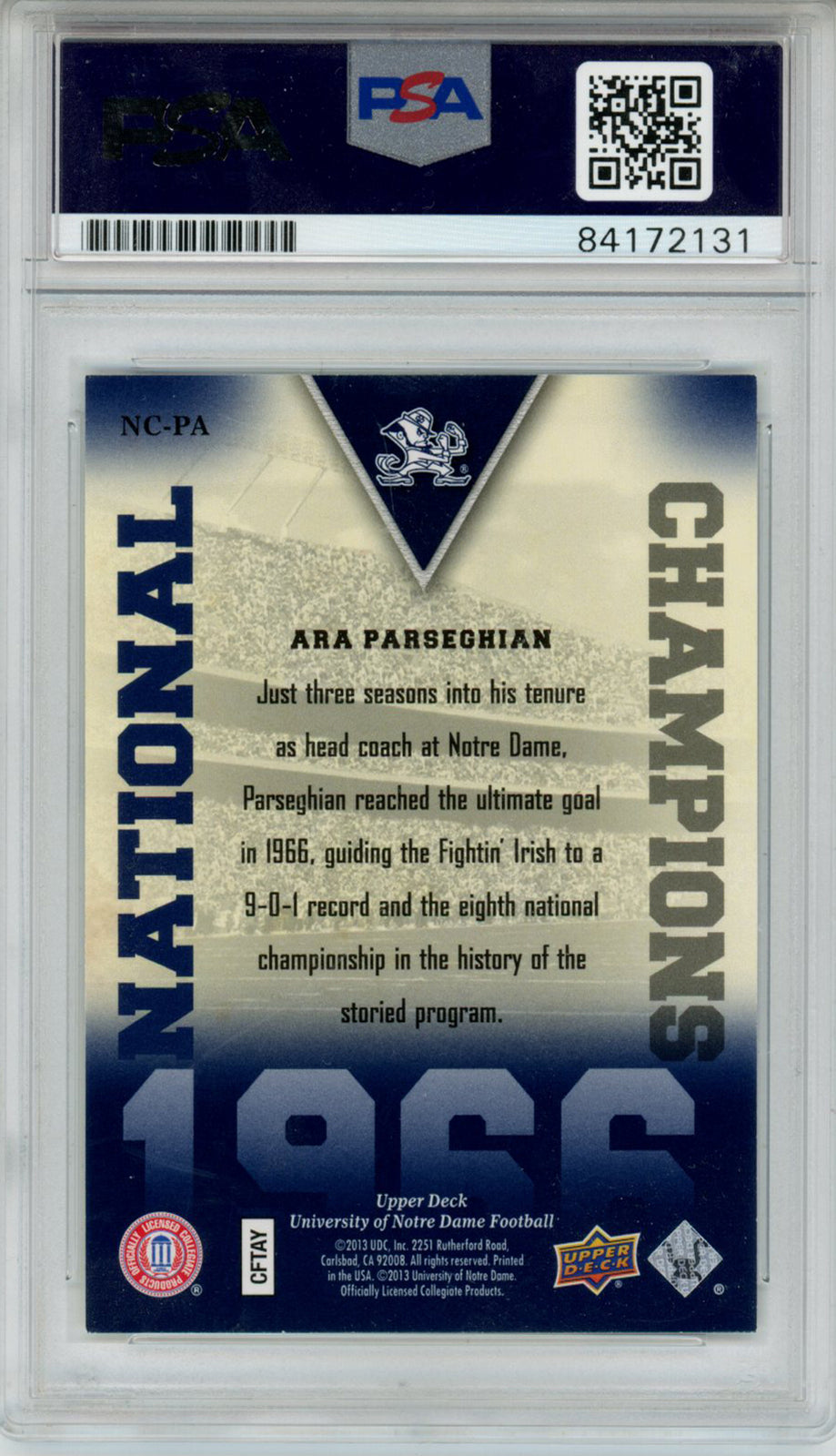 Ara Parseghian Signed 2013 Upper Deck #NC-PA Trading Card PSA Slab 43723