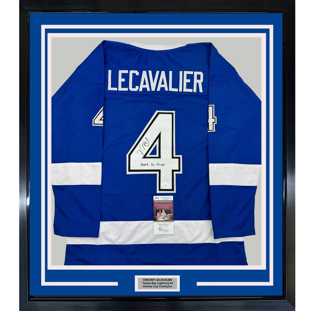 Framed Signed Vincent Lecavalier Insc 35x39 TB Blue Jersey JSA COA