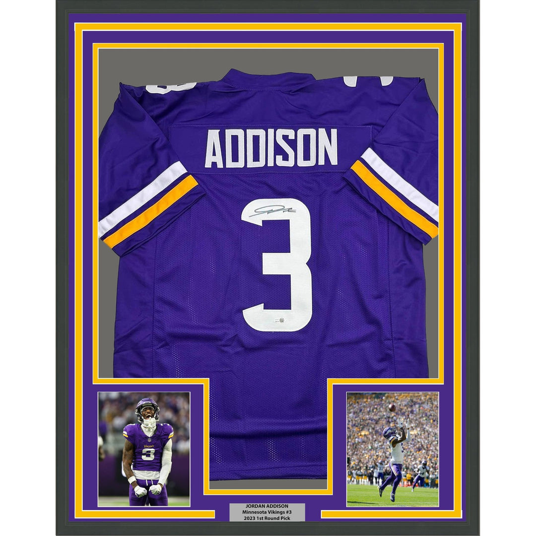 Framed Signed Jordan Addison 35x39 Minnesota Purple Jersey JSA COA