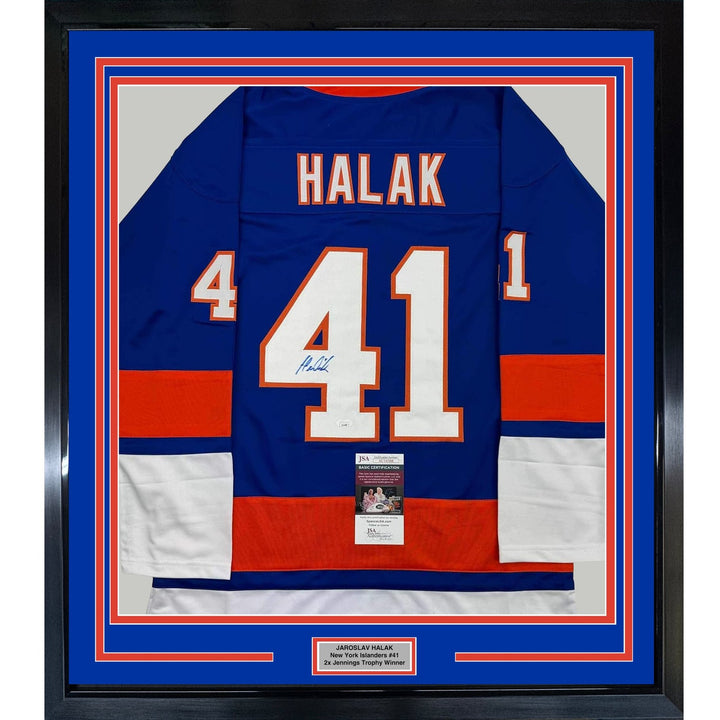 Framed Autographed/Signed Jaroslav Halak 35x39 New York Blue Jersey JSA COA