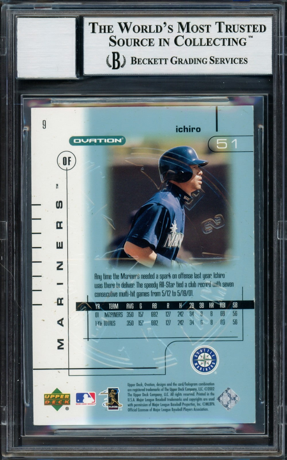 Ichiro Suzuki Signed 2002 Upper Deck Ovation Card 9 Mariners Auto GM 10 Beckett