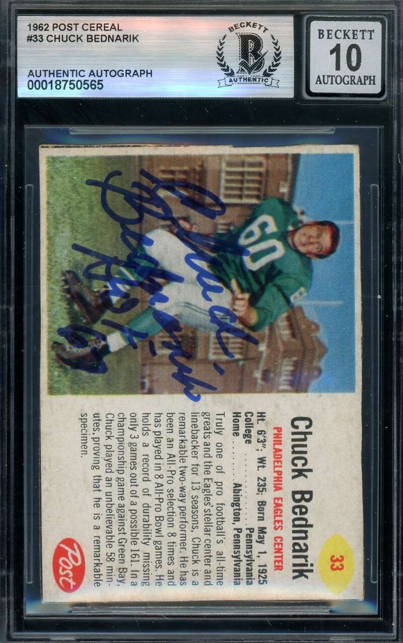 Chuck Bednarik Gem Mint 10 Beckett BAS Signed 1962 Post Cereal Autograph