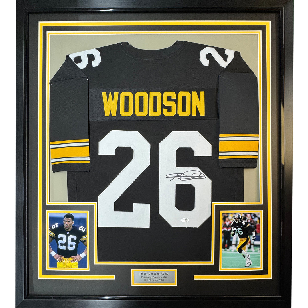 Framed Autographed/Signed Rod Woodson 35x39 Pittsburgh Black Jersey JSA COA