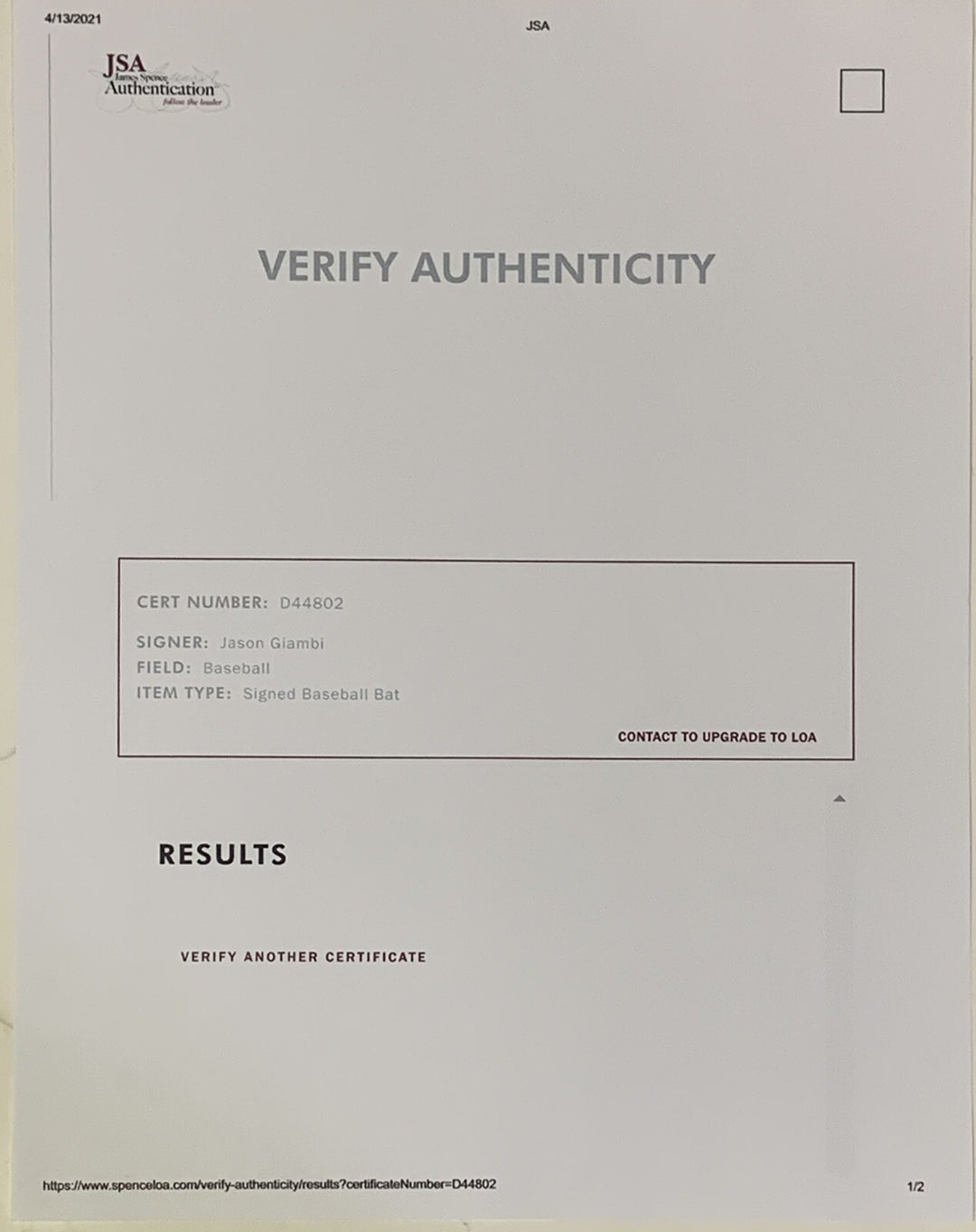 Jason Giambi signed Game Issued 34 “ LS Baseball bat INS 2000 MVP Autograph JSA