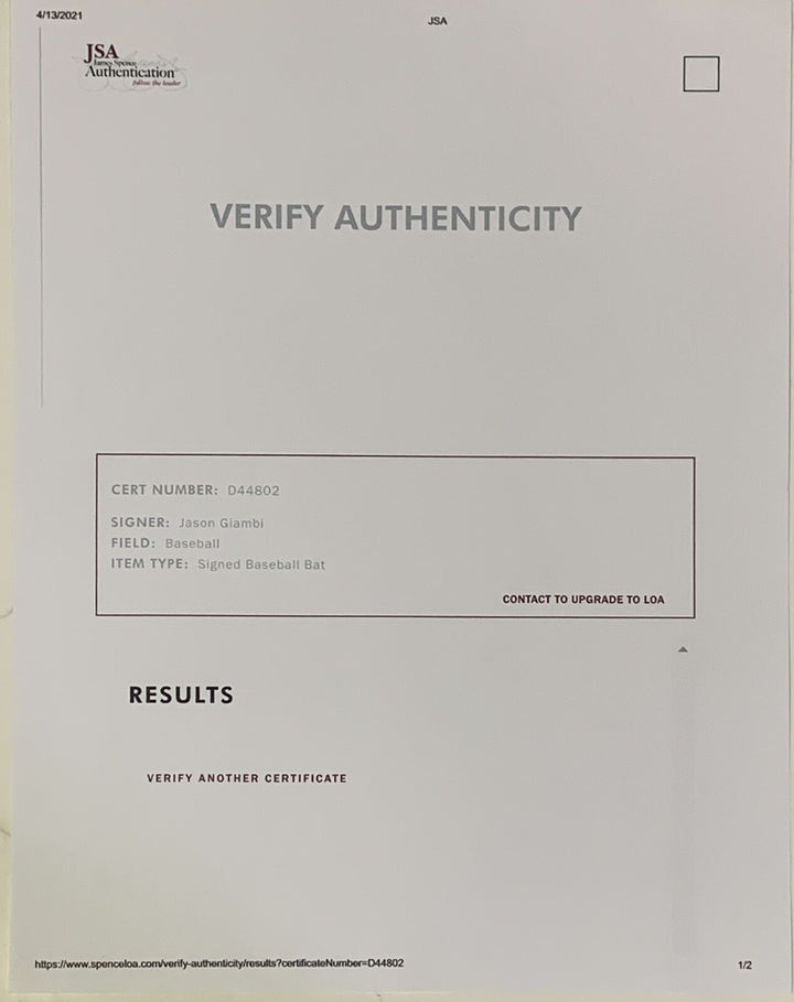 Jason Giambi signed Game Issued 34 “ LS Baseball bat INS 2000 MVP Autograph JSA