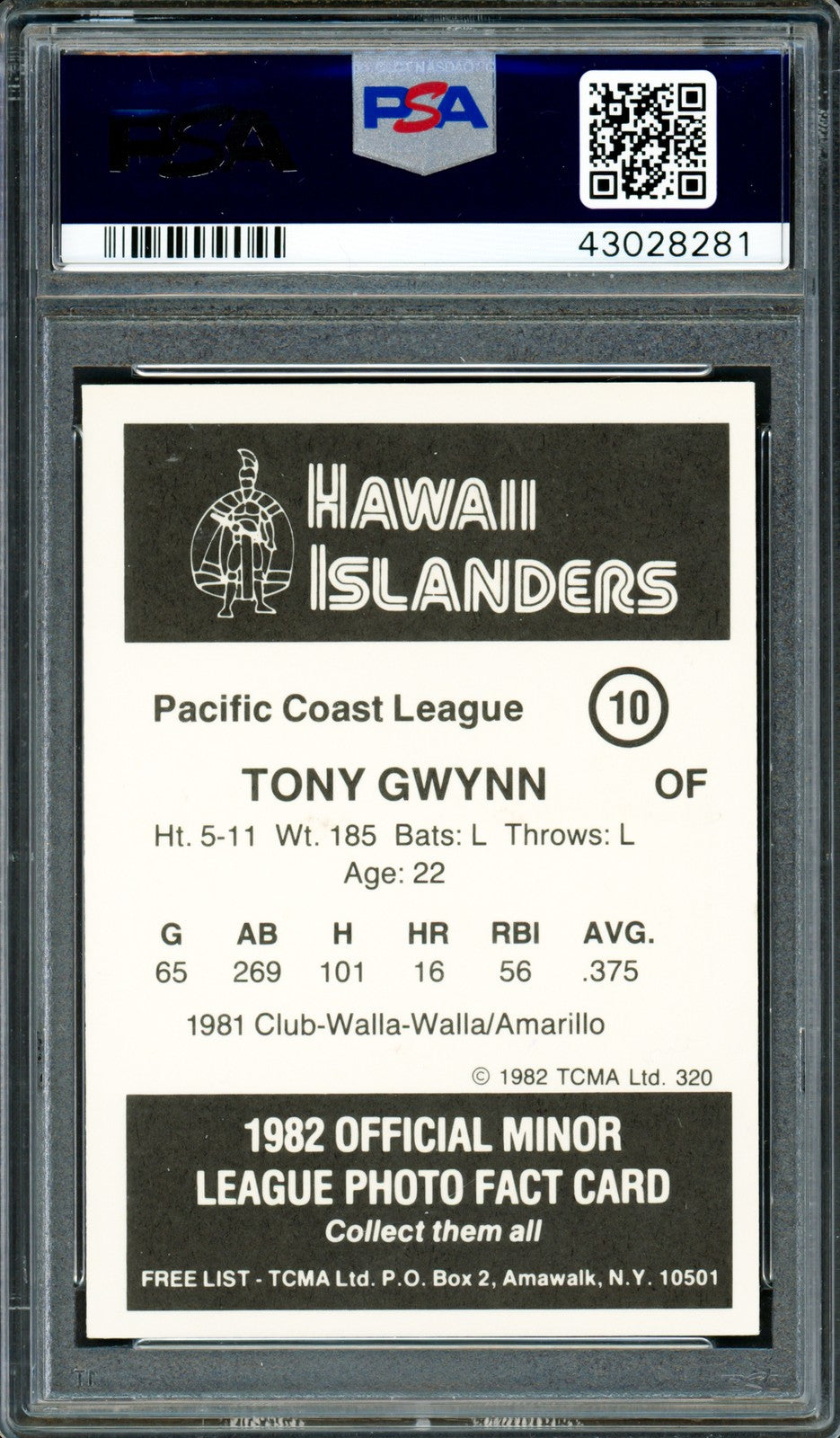 Tony Gwynn Signed 1982 TCMA Hawaii Islanders Card 10 Padres PSA/DNA #43028281