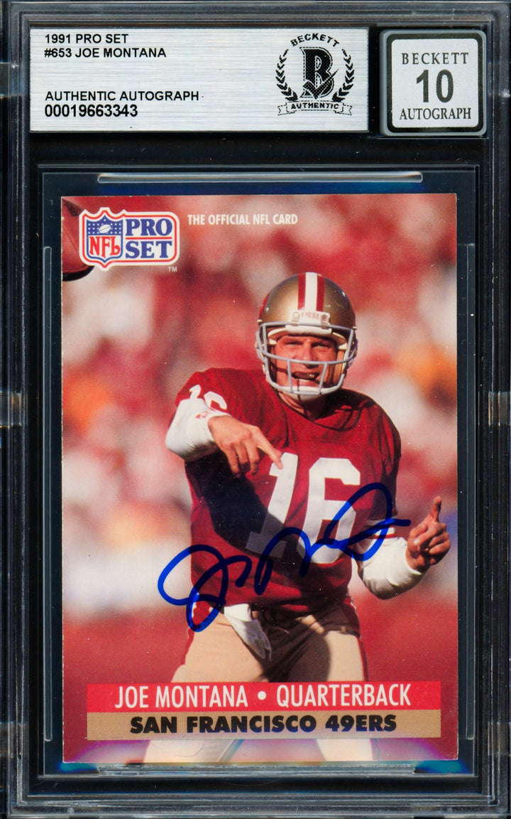 Joe Montana Signed 1991 Pro Set Card 653 San Francisco 49ers Auto GM 10 Beckett