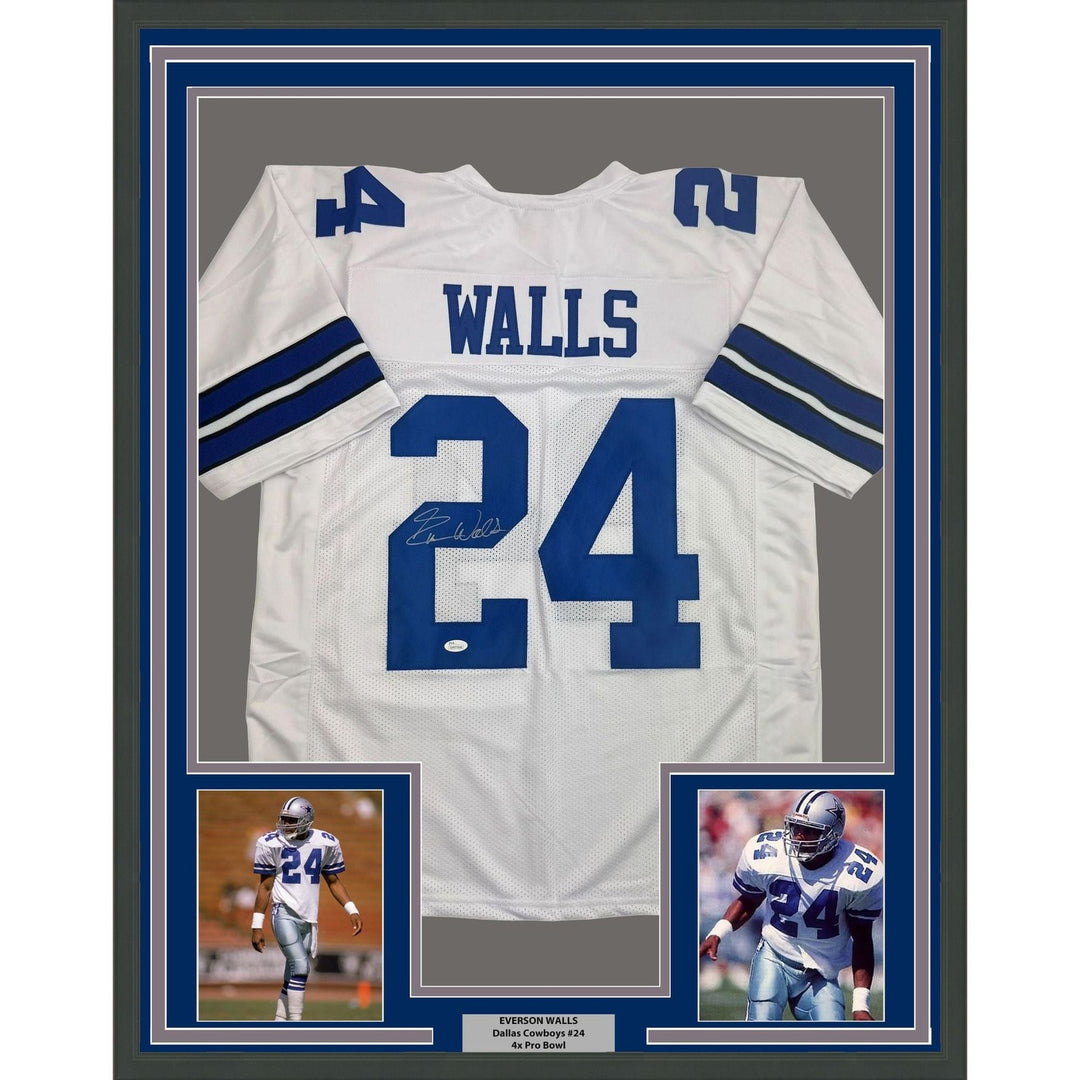 Framed Autographed/Signed Everson Walls 35x39 Dallas White Jersey JSA COA