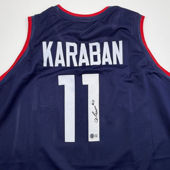 Autographed/Signed Alex Karaban UConn Connecticut Blue Jersey Beckett BAS COA