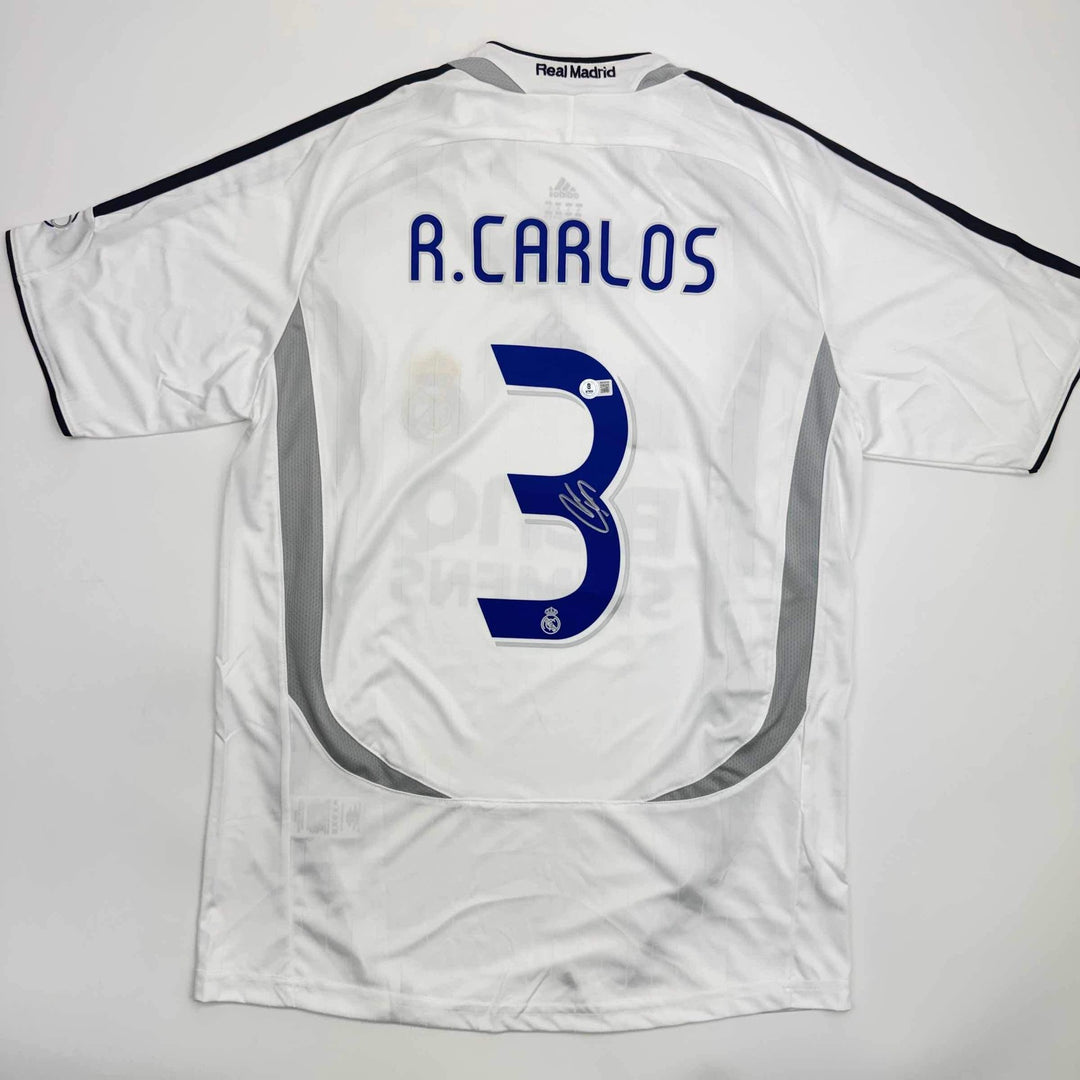 Autographed/Signed Roberto Carlos Real Madrid White Jersey Beckett BAS COA