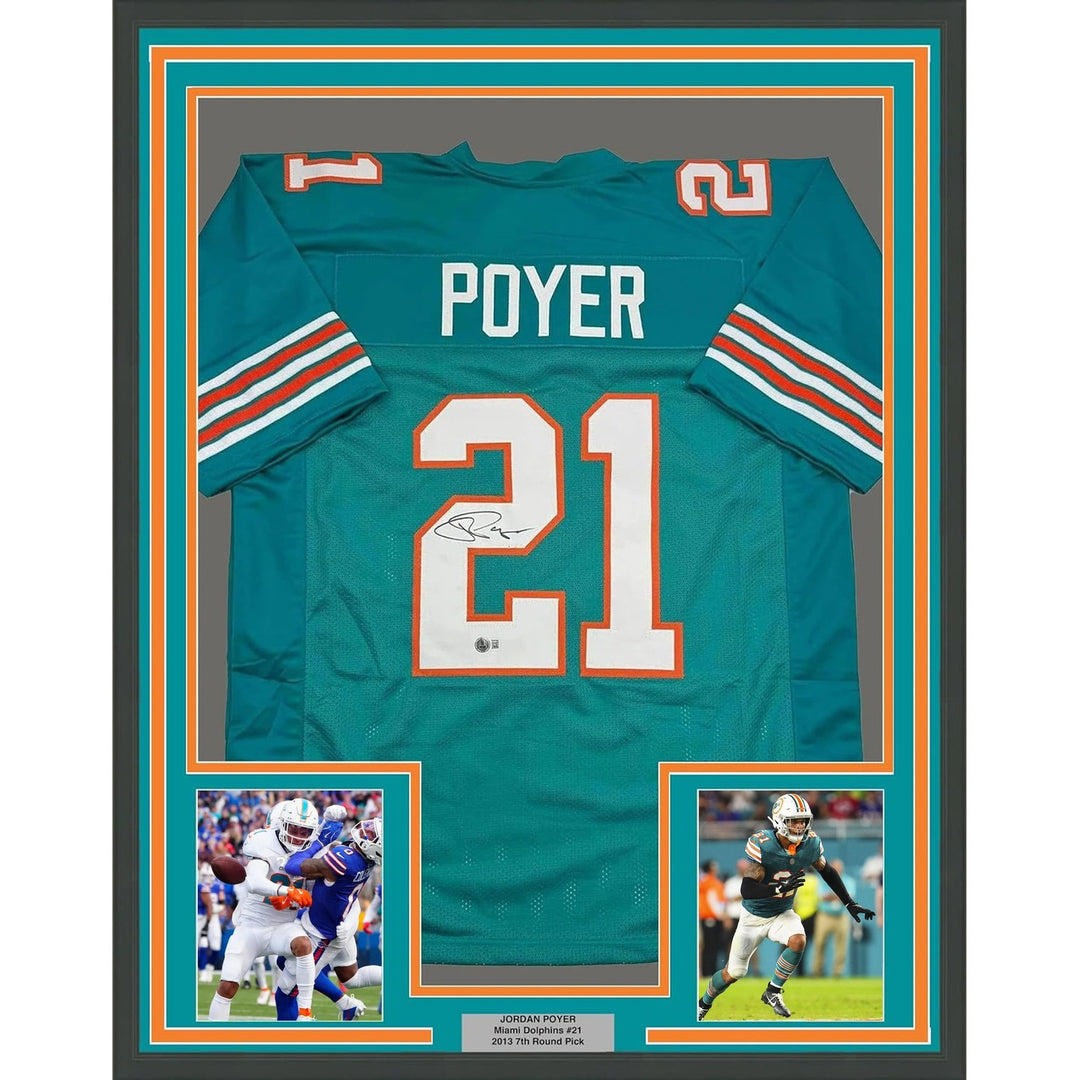 Framed Autographed/Signed Jordan Poyer 35x39 Miami Teal Jersey Beckett COA