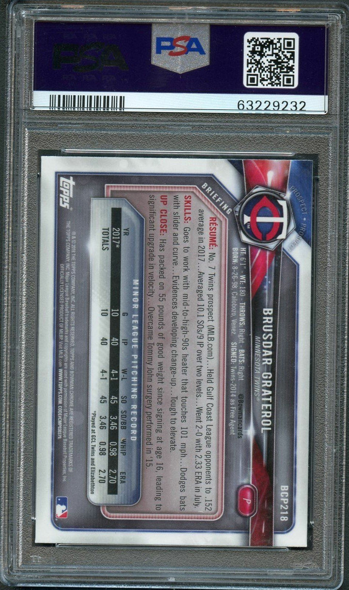 2018 Bowman Chrome #BCP218 Brusdar Graterol Signed Card PSA Auto 10 Slabbed Auto