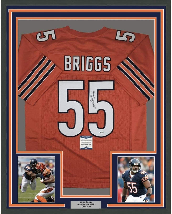 FRAMED Autographed/Signed LANCE BRIGGS 33x42 Chicago Orange Jersey BAS COA