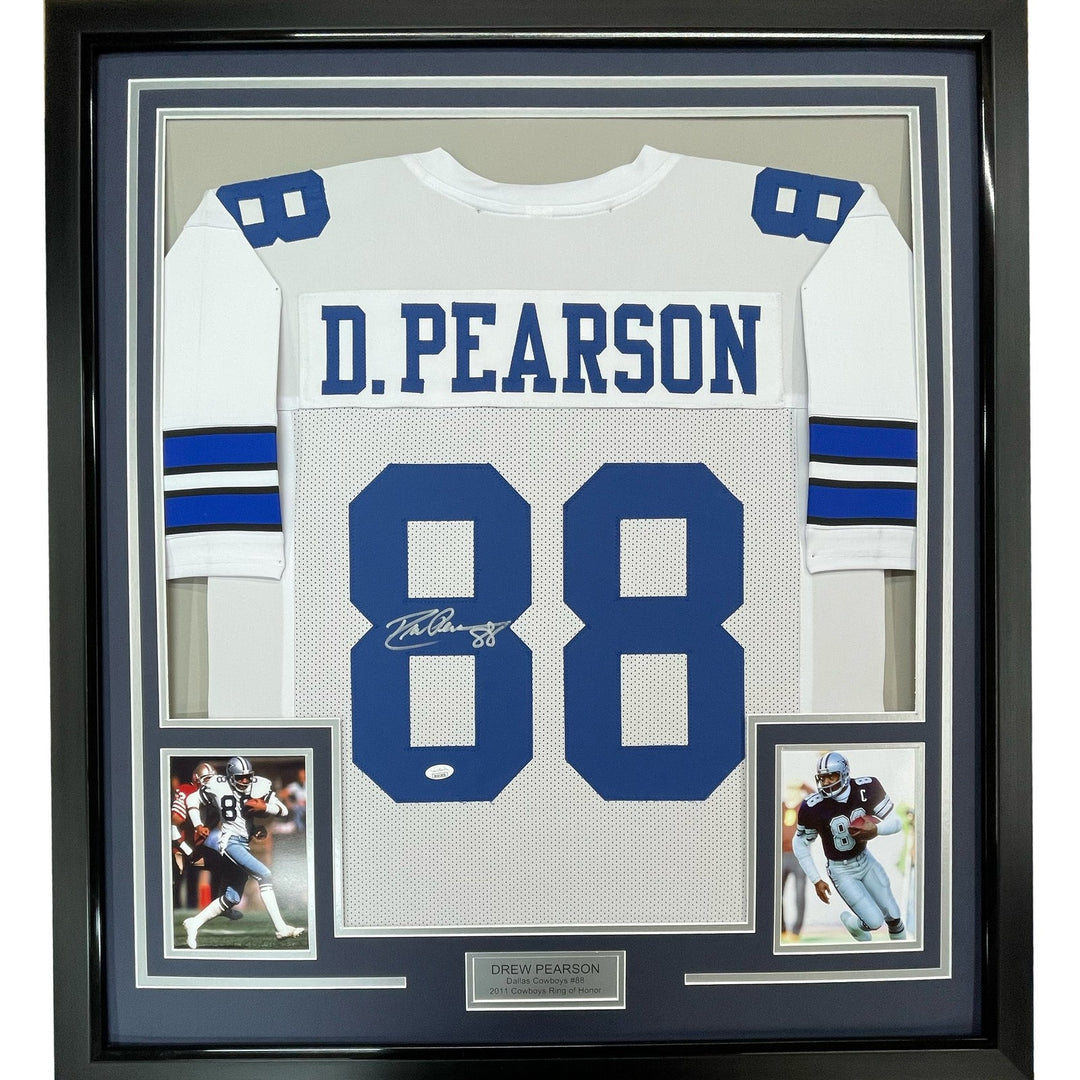 Framed Autographed/Signed Drew Pearson 35x39 Dallas White Jersey JSA COA
