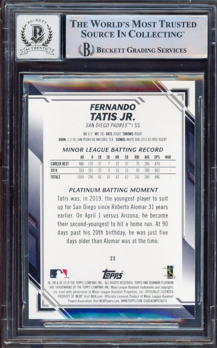 Fernando Tatis Jr Auto 2019 Bowman Platinum Variations RC 23 BGS 8.5 Sig 10 BAS