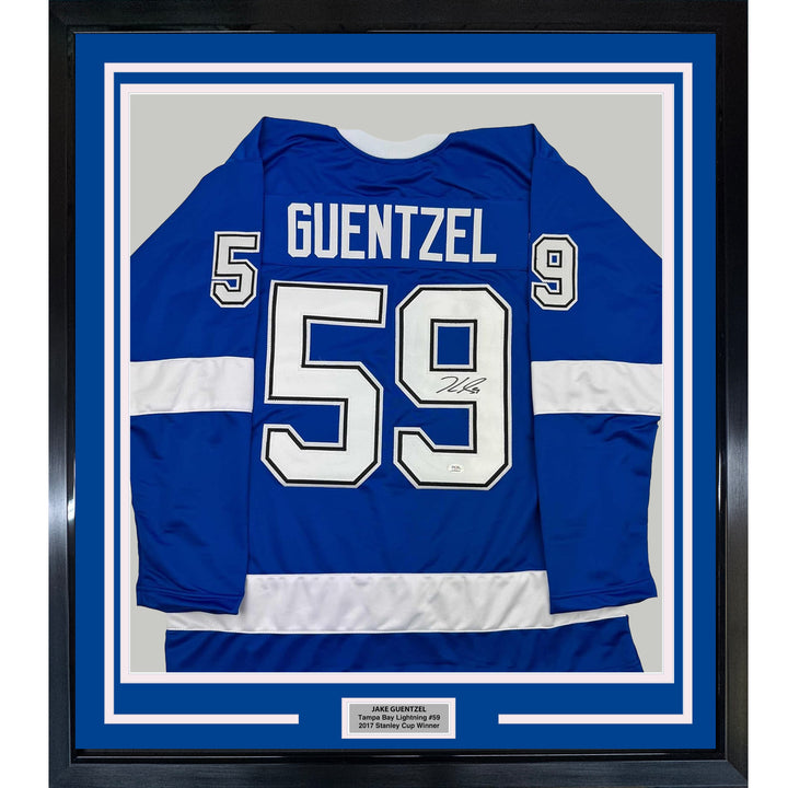 Framed Autographed/Signed Jake Guentzel 35x39 Tampa Bay Blue Jersey PSA COA