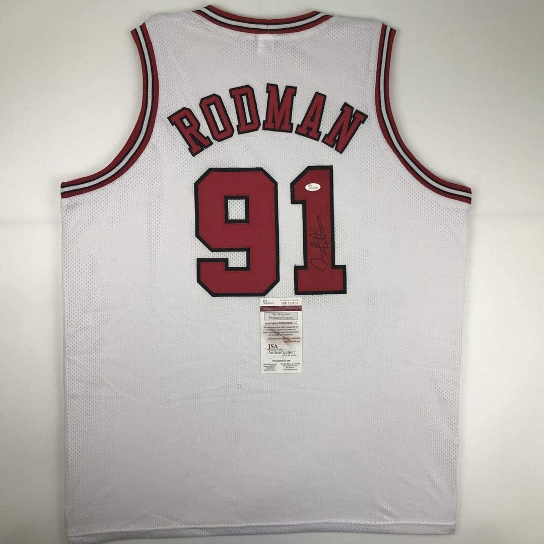 Autographed/Signed DENNIS RODMAN Chicago White Jersey JSA COA Auto