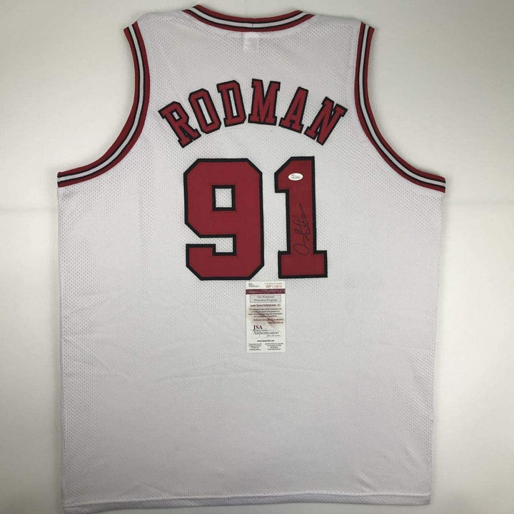 Autographed/Signed DENNIS RODMAN Chicago White Jersey JSA COA Auto