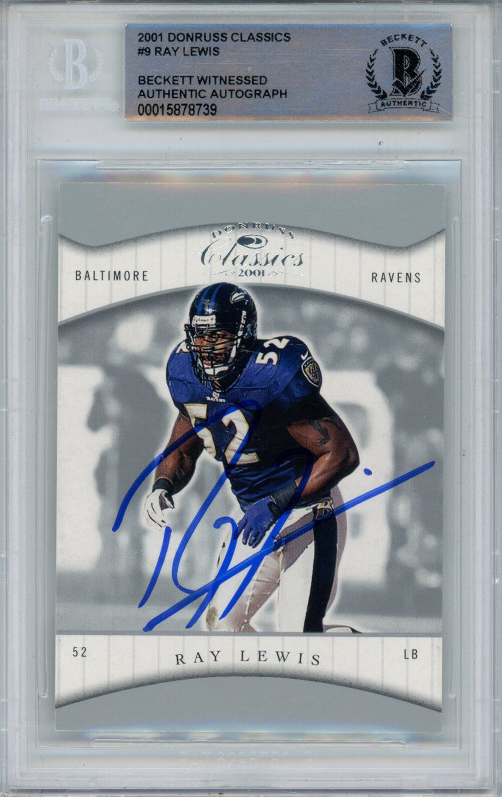 Ray Lewis Autographed 2001 Donruss Classics #9 Trading Card Beckett Slab 43383