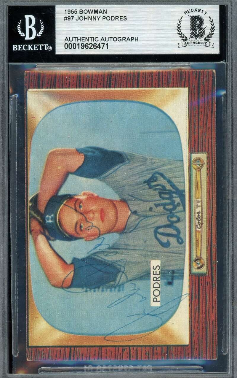 Johnny Podres Beckett BAS Vintage Signed 1955 Bowman Autograph Dodgers