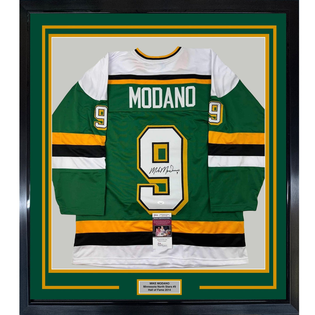 Framed Autographed/Signed Mike Modano HOF 35x39 Minnesota Green Jersey COA