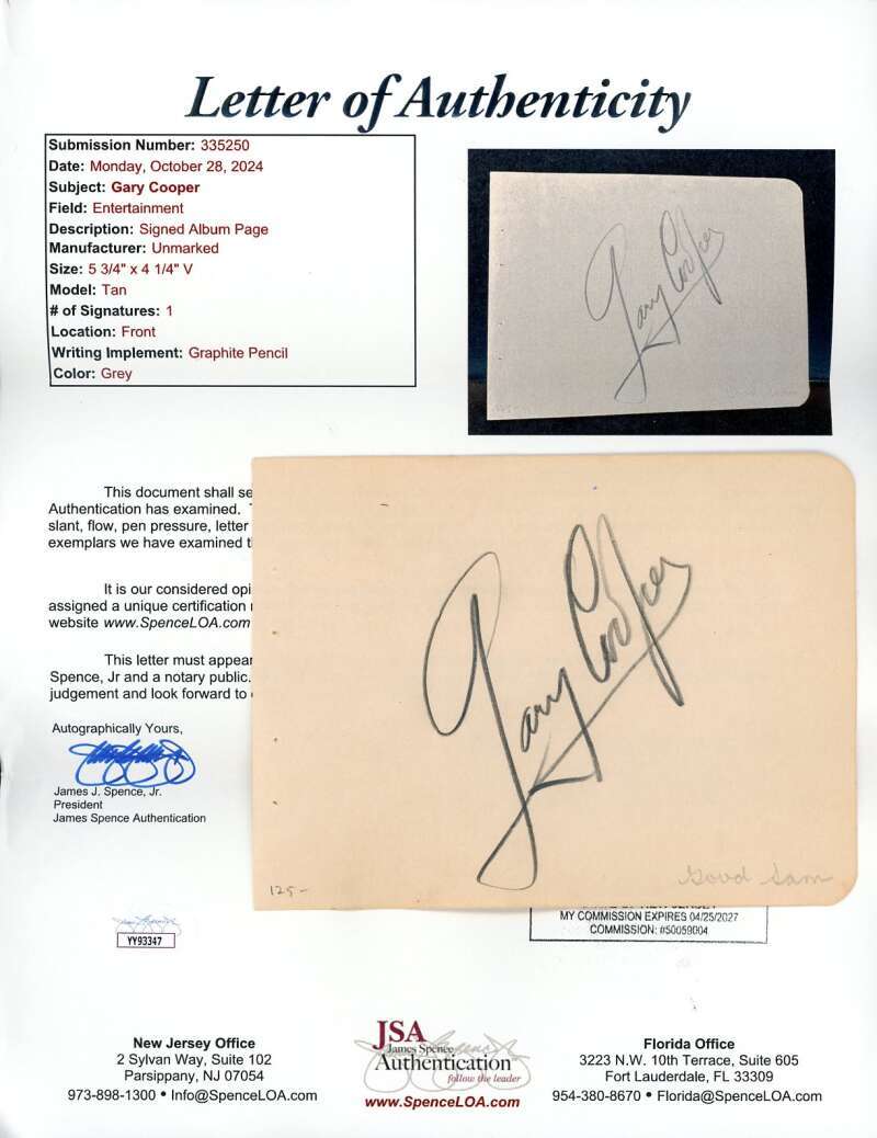 Gary Cooper JSA Coa Signed Album Page Autograph