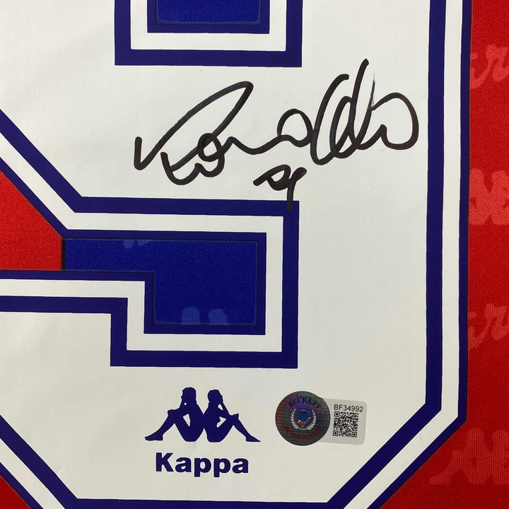 Autographed/Signed Ronaldo Nazario FC Barcelona Red/Blue Jersey Beckett COA
