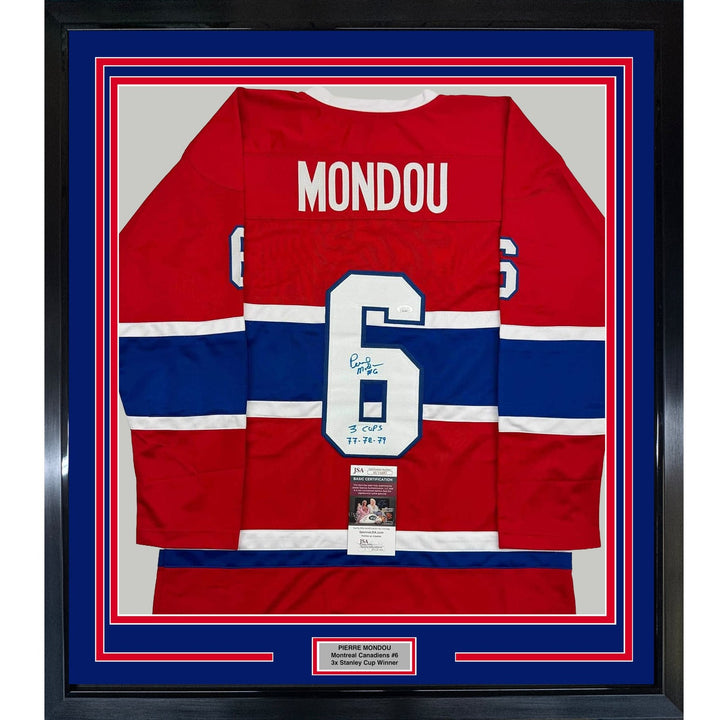 Framed Signed Pierre Mondou 3 Cups 77-78-79 35x39 Red Jersey JSA COA