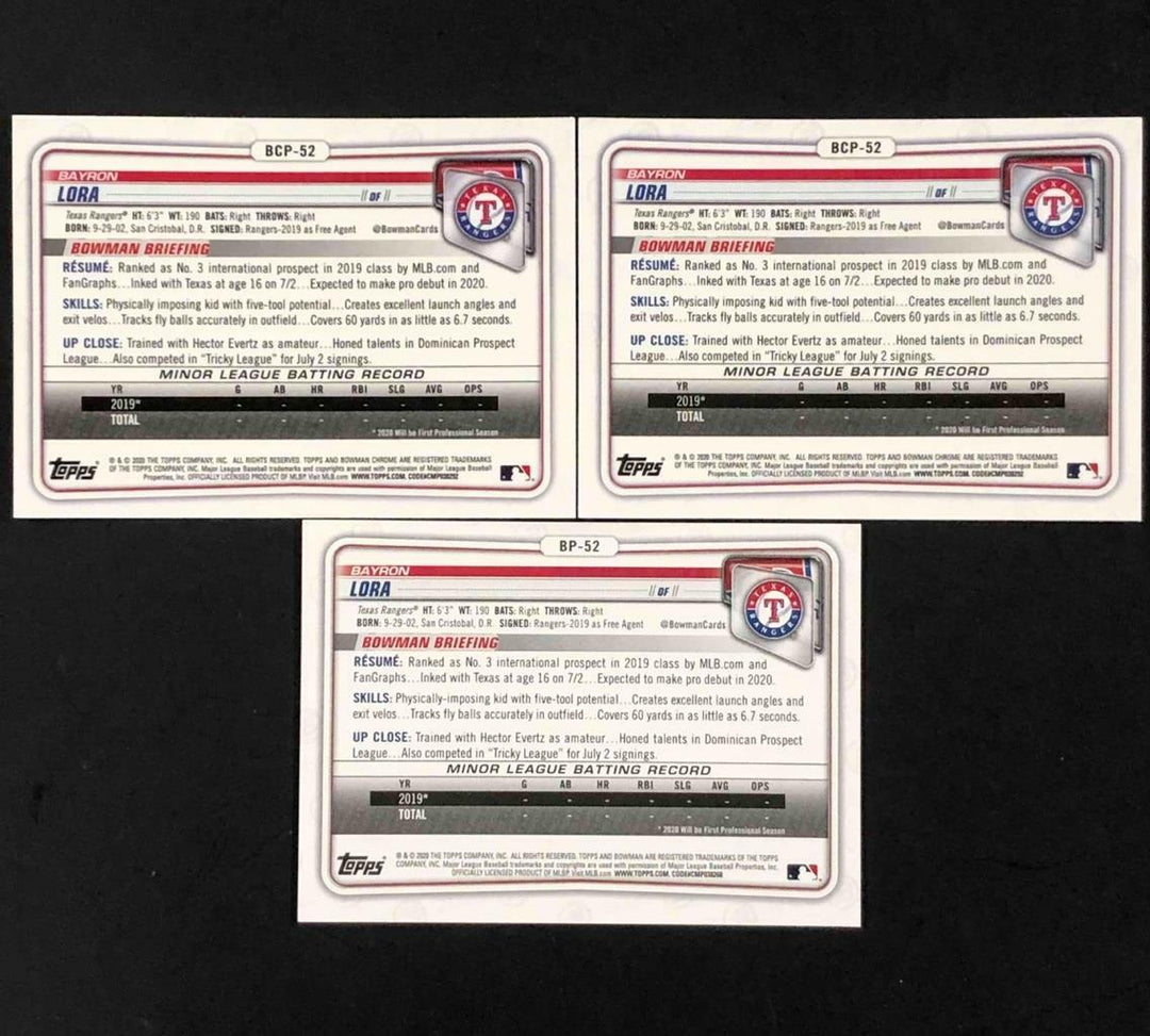 2020 Bowman Chrome Prospects BCP-52 BP-52 Bayron Lora 3-card RC Rookie Lot