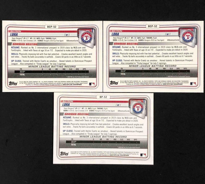2020 Bowman Chrome Prospects BCP-52 BP-52 Bayron Lora 3-card RC Rookie Lot
