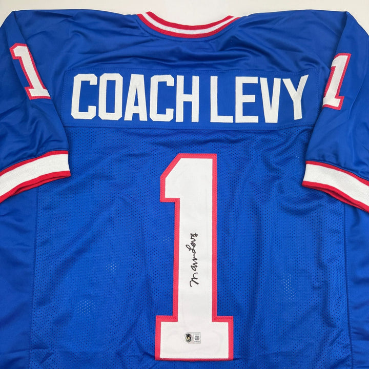 Autographed/Signed Coach Marv Levy Buffalo Blue Football Jersey BAS COA